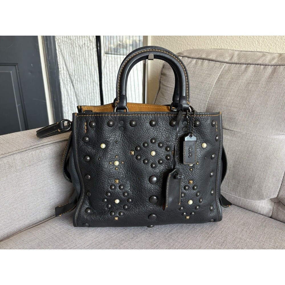 COACH Rogue 20315 Central Satchel Black Leather Studded Rivets Shoulder Bag